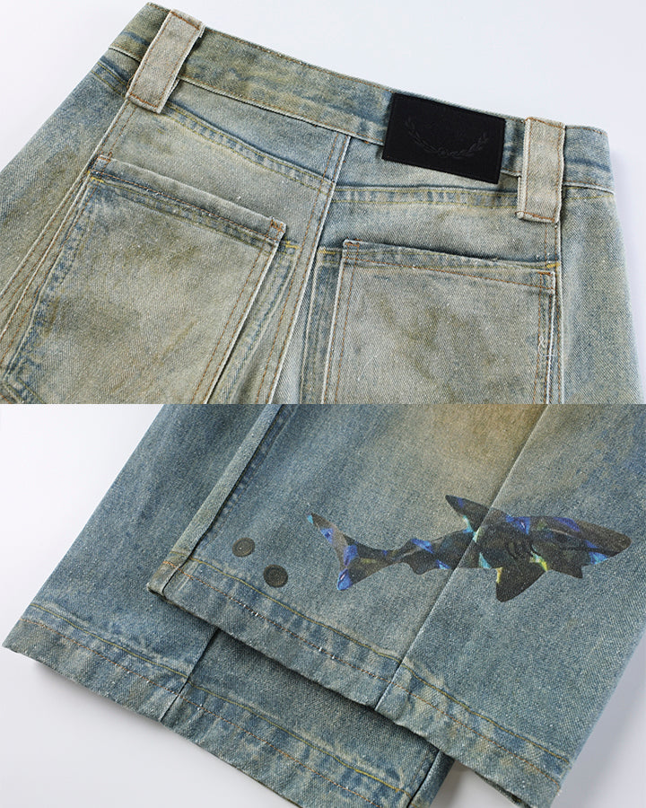 New Vintage Washed Cartoon Patch Balloon Jeans