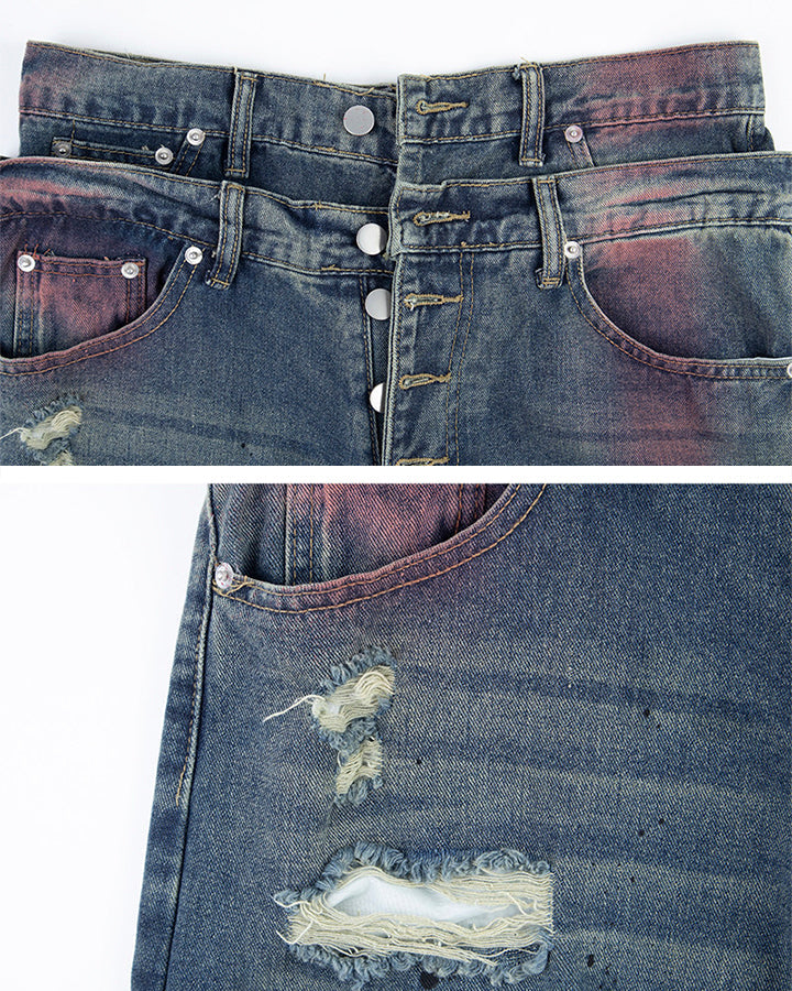 New Double Waist Spray Distressed Jeans