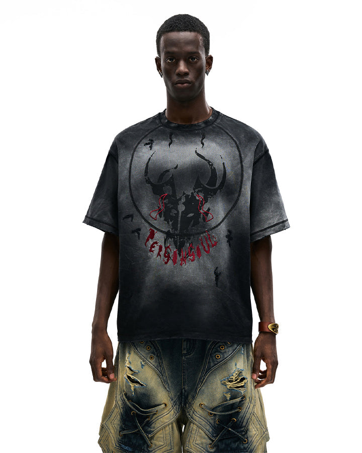 Dark Washed Distressed Graphic Short Sleeve T-Shirt