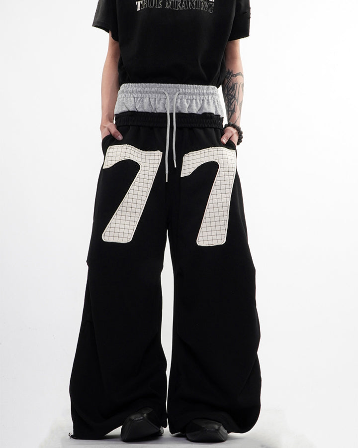 Double Waistband Number Patch Wide Leg Sweatpants