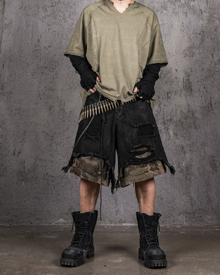 Distressed Bleached Patchwork Denim Shorts