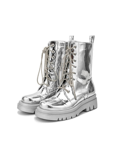 Metallic Lace-Up Platform Combat Boots
