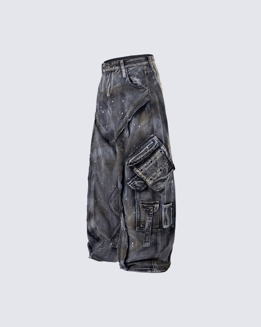 Heavy Washed Ink-Splatter Deconstructed Denim Jeans
