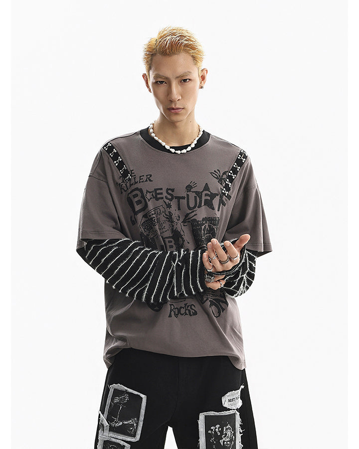 Gray-Black Distressed Graffiti Layered Sweatshirts