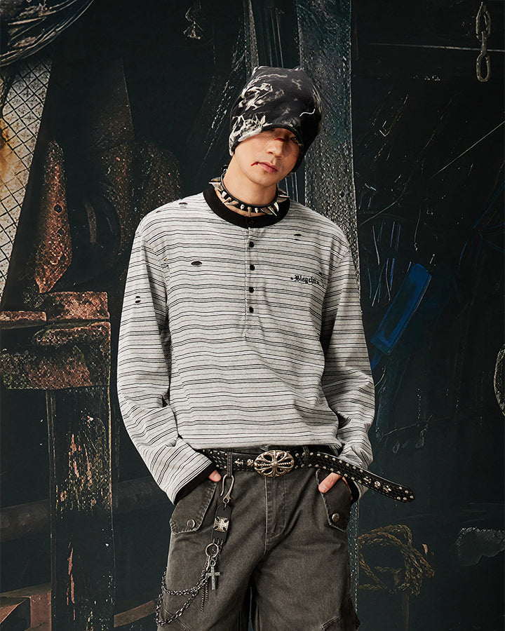Vintage Contrast Stripe Button Long Sleeve T-Shirt