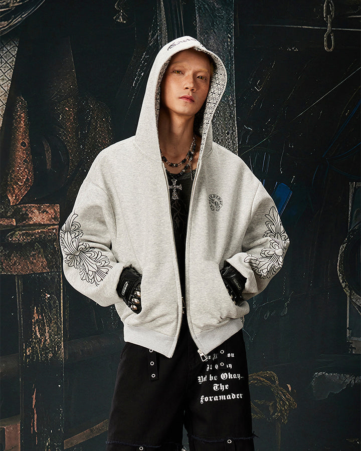 New Vintage Gothic Print Zip Hoodie