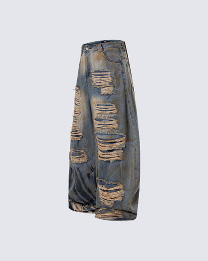 High-Street Distressed Curved-Leg Denim Jeans