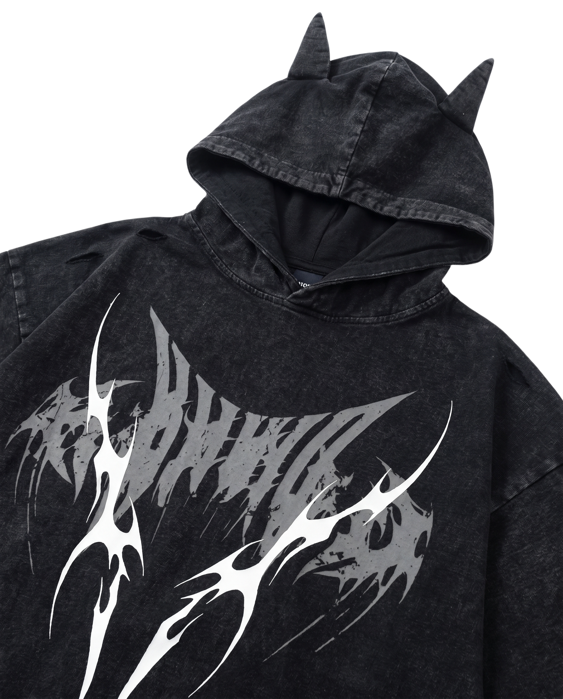 Distressed Urban Graphic Hoodie With Bat Ears