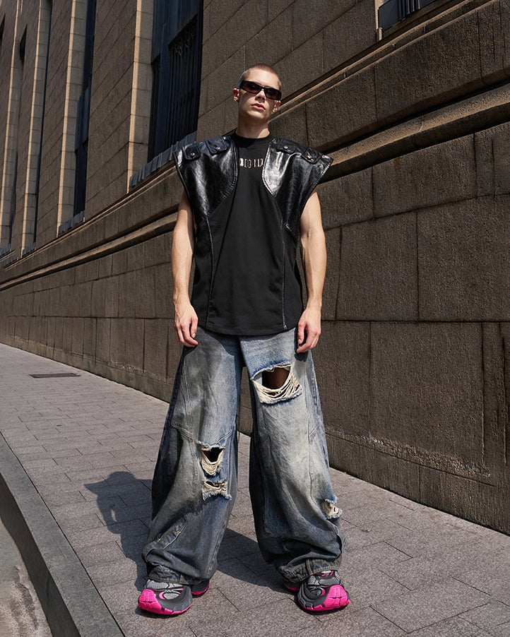 Reversed Waist Distressed Blade Jeans