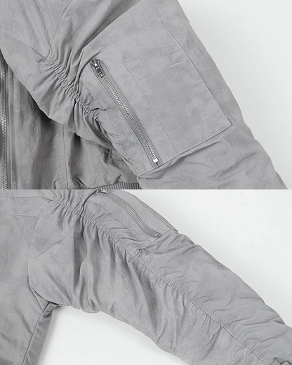 Ruched Sleeve Fleece-Lined Bomber Jacket