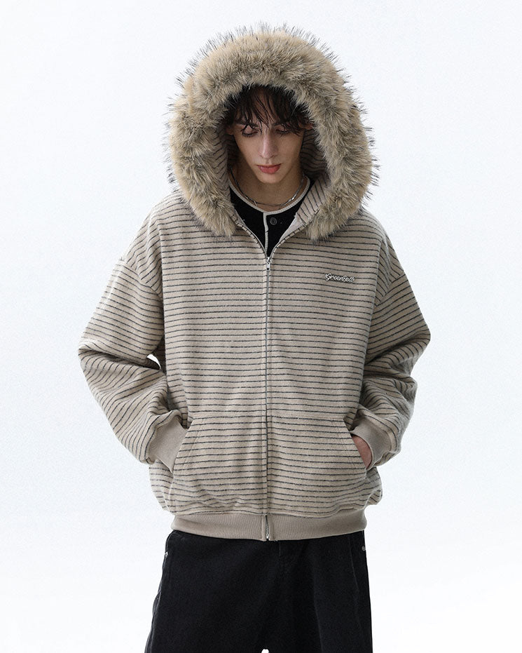 Striped Hoodie Jacket with Fur Trim