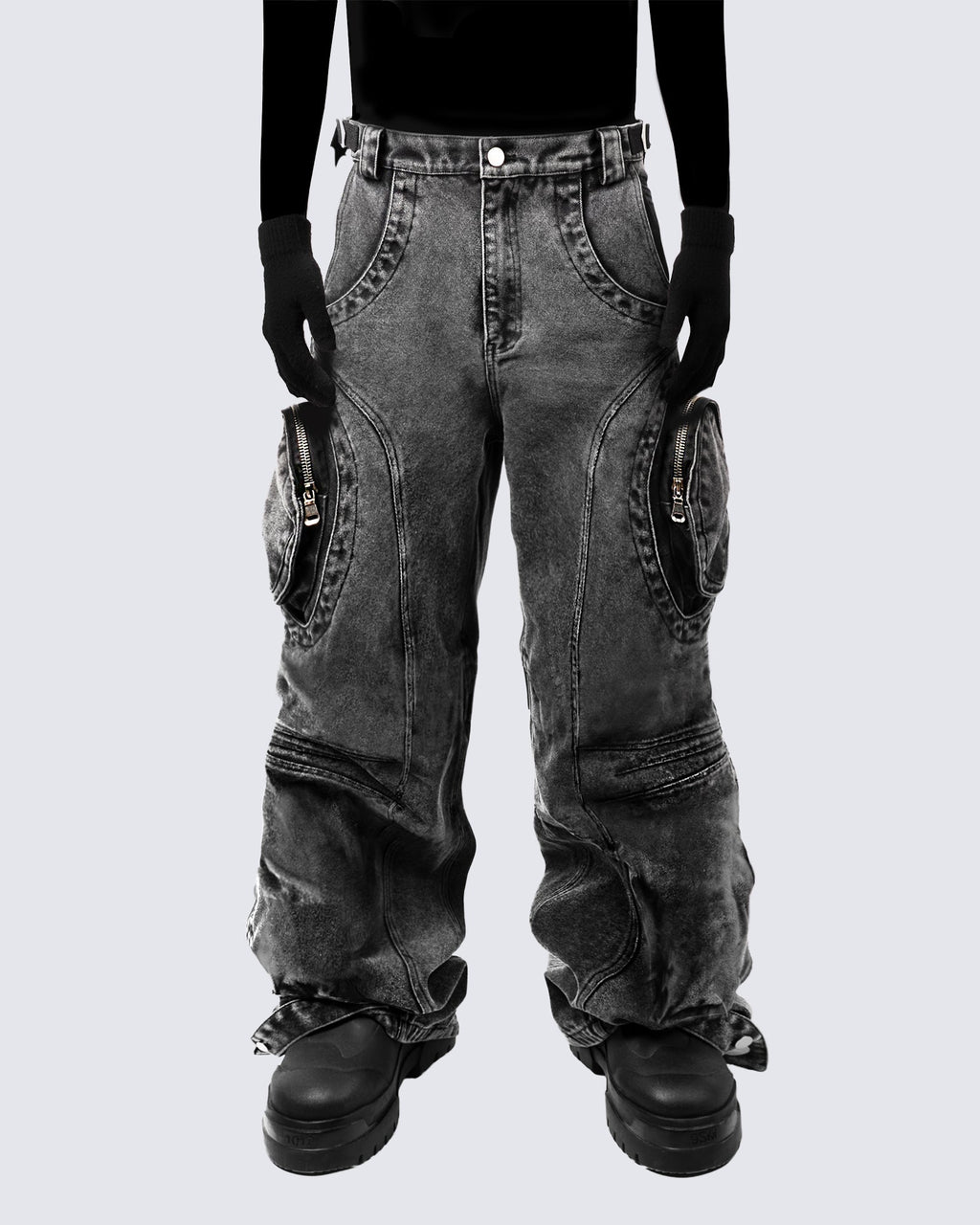 Bold Retro-Washed Black Denim Pants by KIIKIO