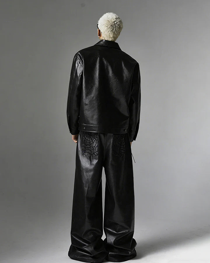 Faux Leather Jacket with Spiderweb Panels