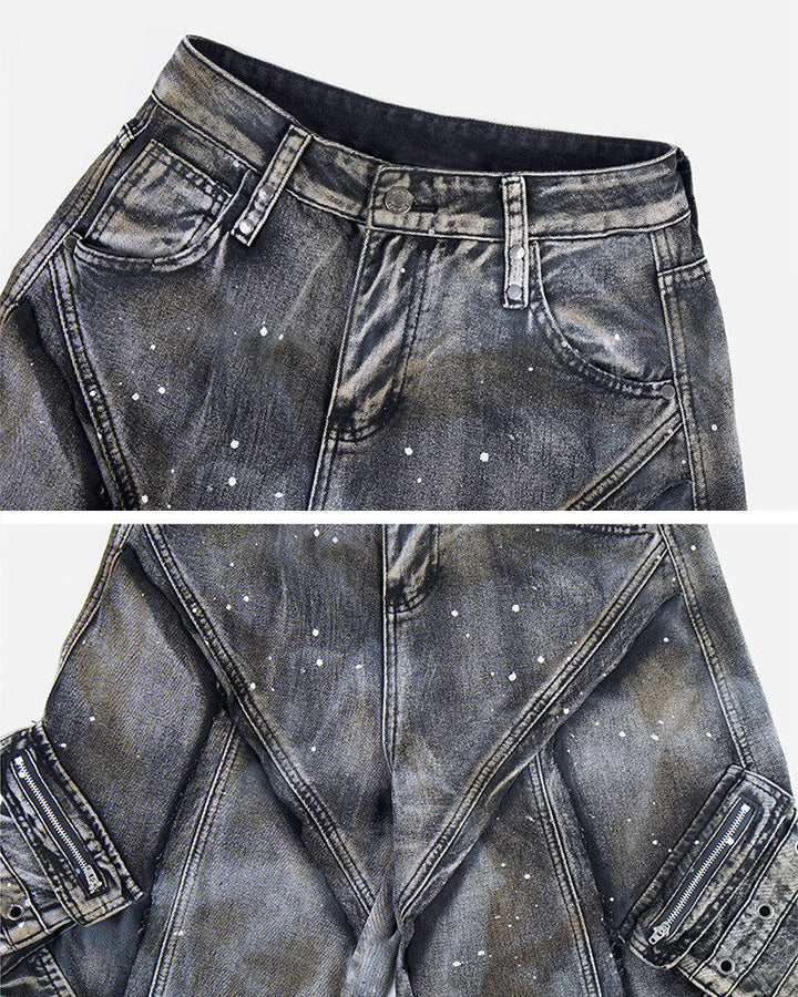 Heavy Washed Ink-Splatter Deconstructed Denim Jeans