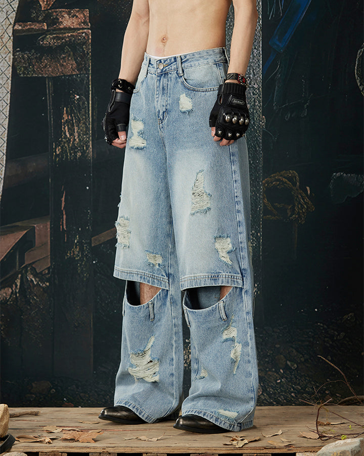 Punk Double-Knee Cutout Washed Denim Pants