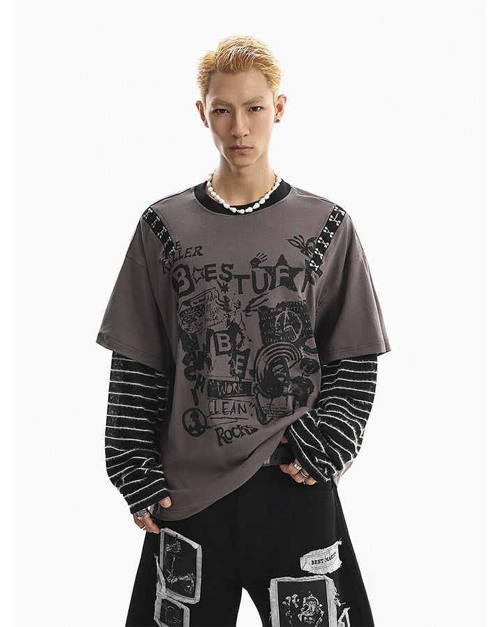 Gray-Black Distressed Graffiti Layered Sweatshirts