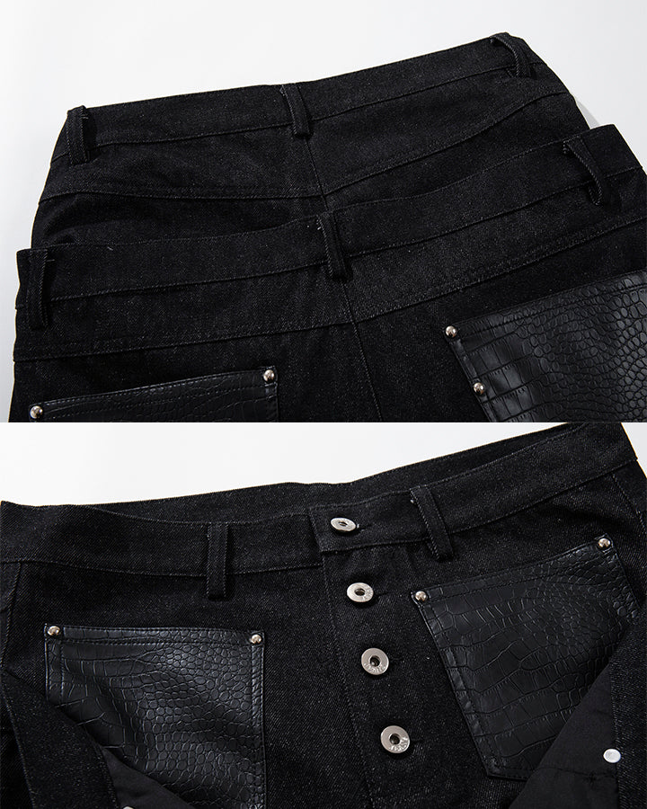 Rivet Patchwork Leather Panel Denim Pants