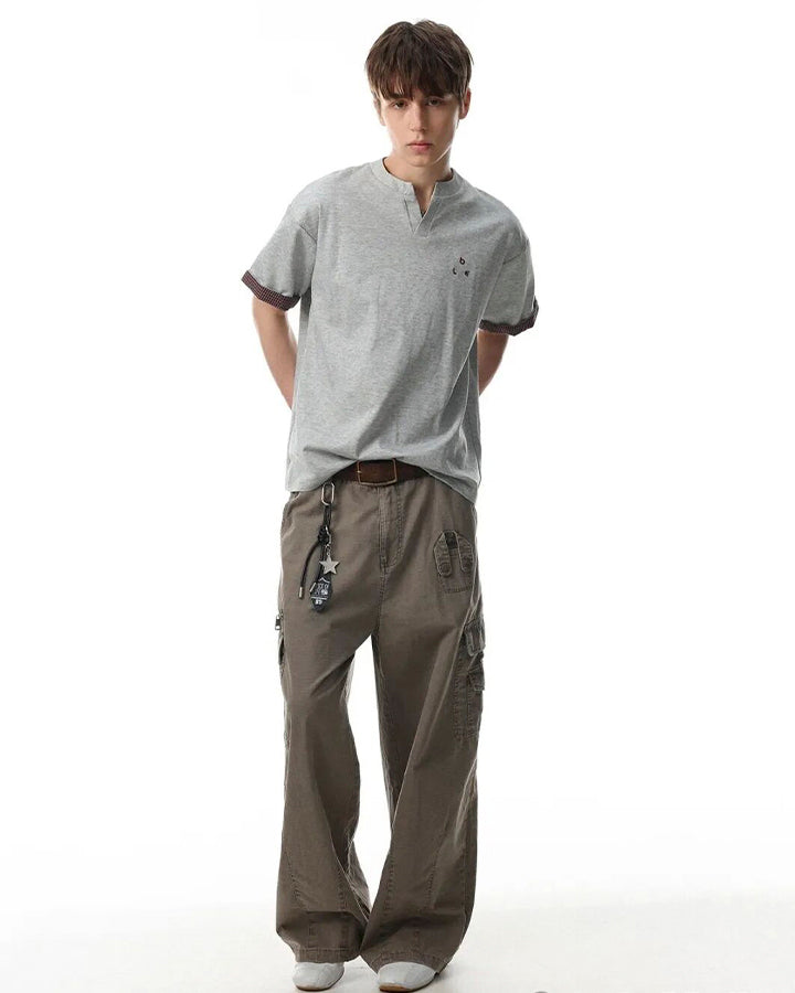 Minimal Contrast Trim V Neck Casual Short Sleeve