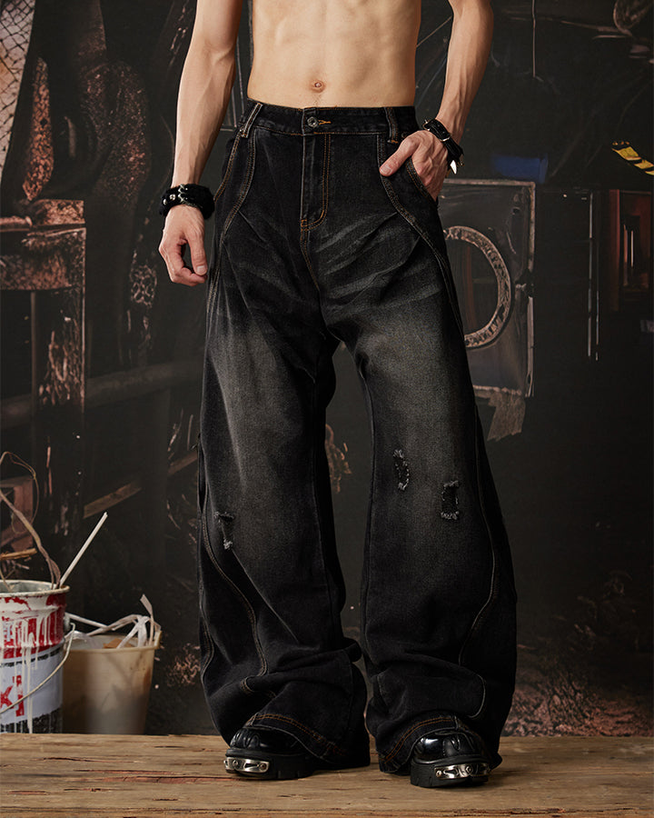 Distressed Deconstructed Washed Curved-Leg Jeans