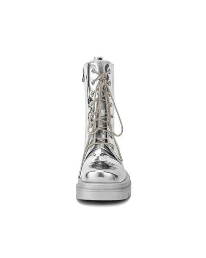 Metallic Lace-Up Platform Combat Boots