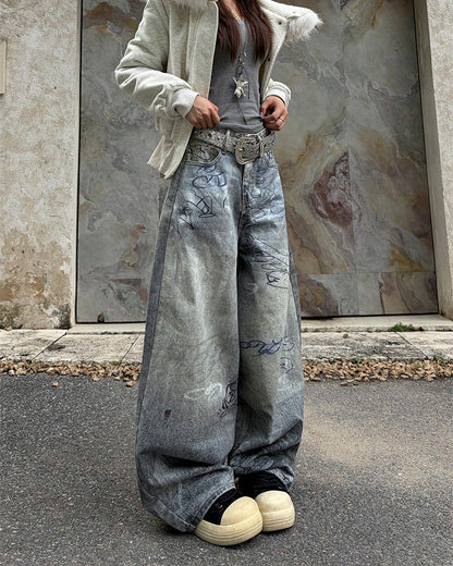 Graffiti Print Balloon Denim Pants