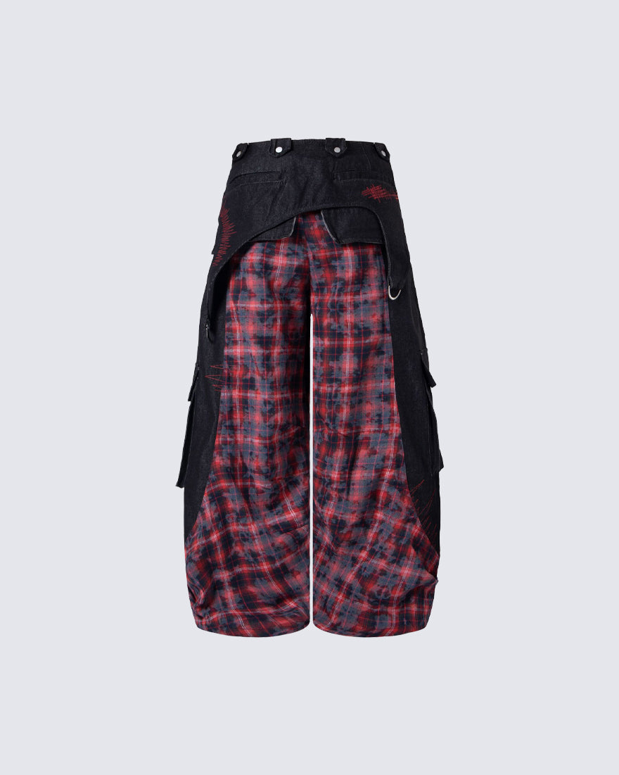 New Layered Plaid Cargo Wide-Leg Pants