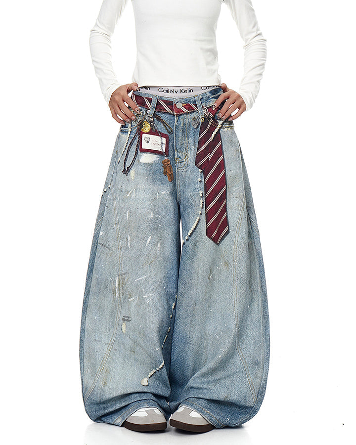 Printed Deconstructed Vintage Wide Denim Jean