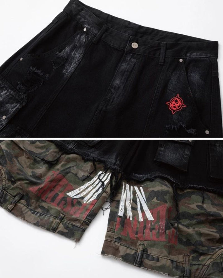 New Patchwork Camo Denim Cargo Shorts