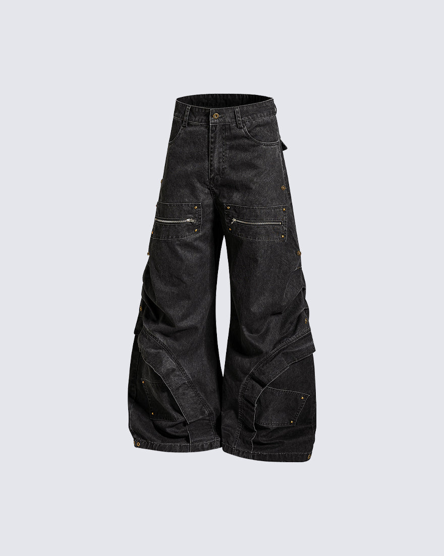 Spliced Metal-Detail Scimitar Denim Pants