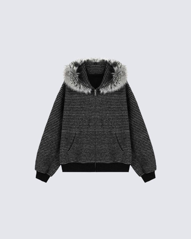 Striped Hoodie Jacket with Fur Trim