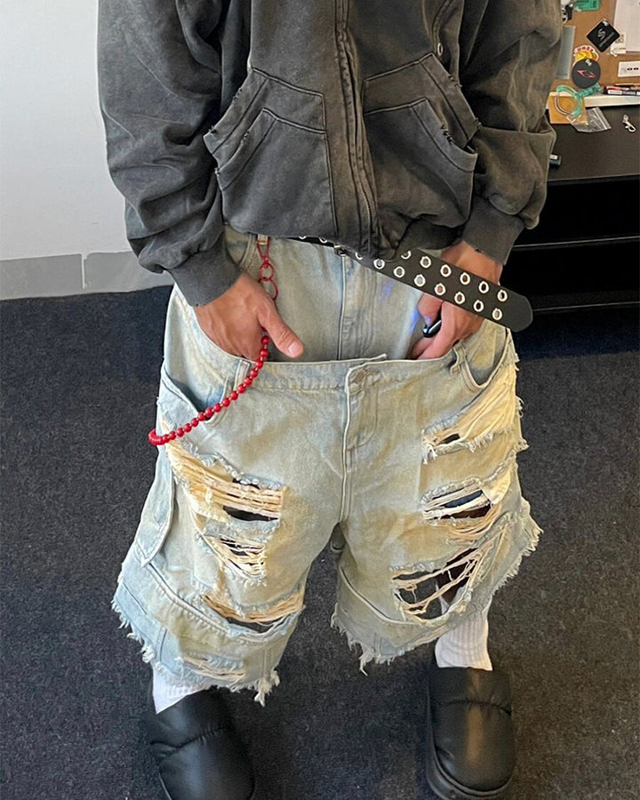 Layered Distressed Raw Hem Denim Shorts