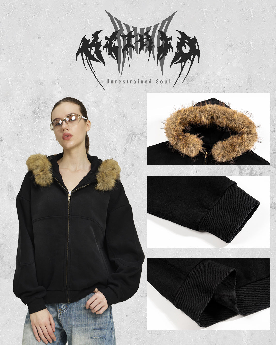 Boxy Zip Fur Collar Hoodie