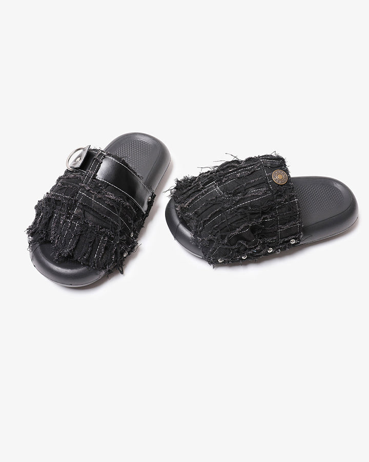 New Black Frayed Denim Platform Slides