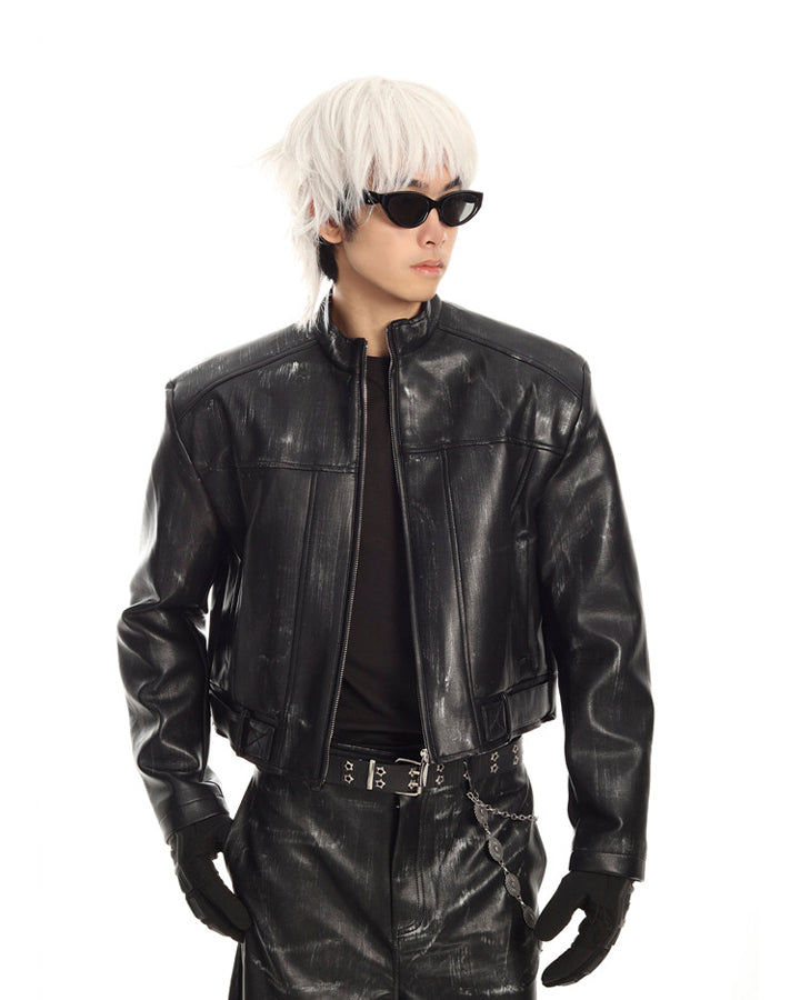 New PU Stand Collar Zip-Up Jacket