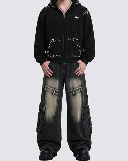 Washed Cargo Wide-Leg Denim Pants
