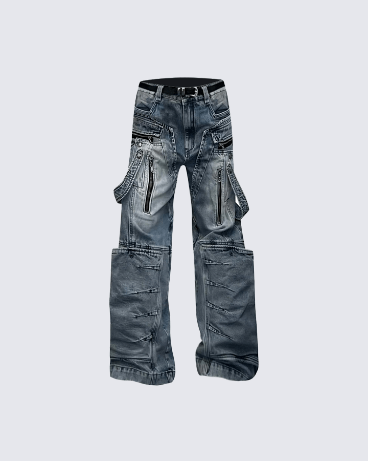 Multi-Zip Techwear Cargo Denim Pants