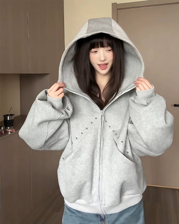 Horned Studded Zip-Up Hoodie with Ear Detail