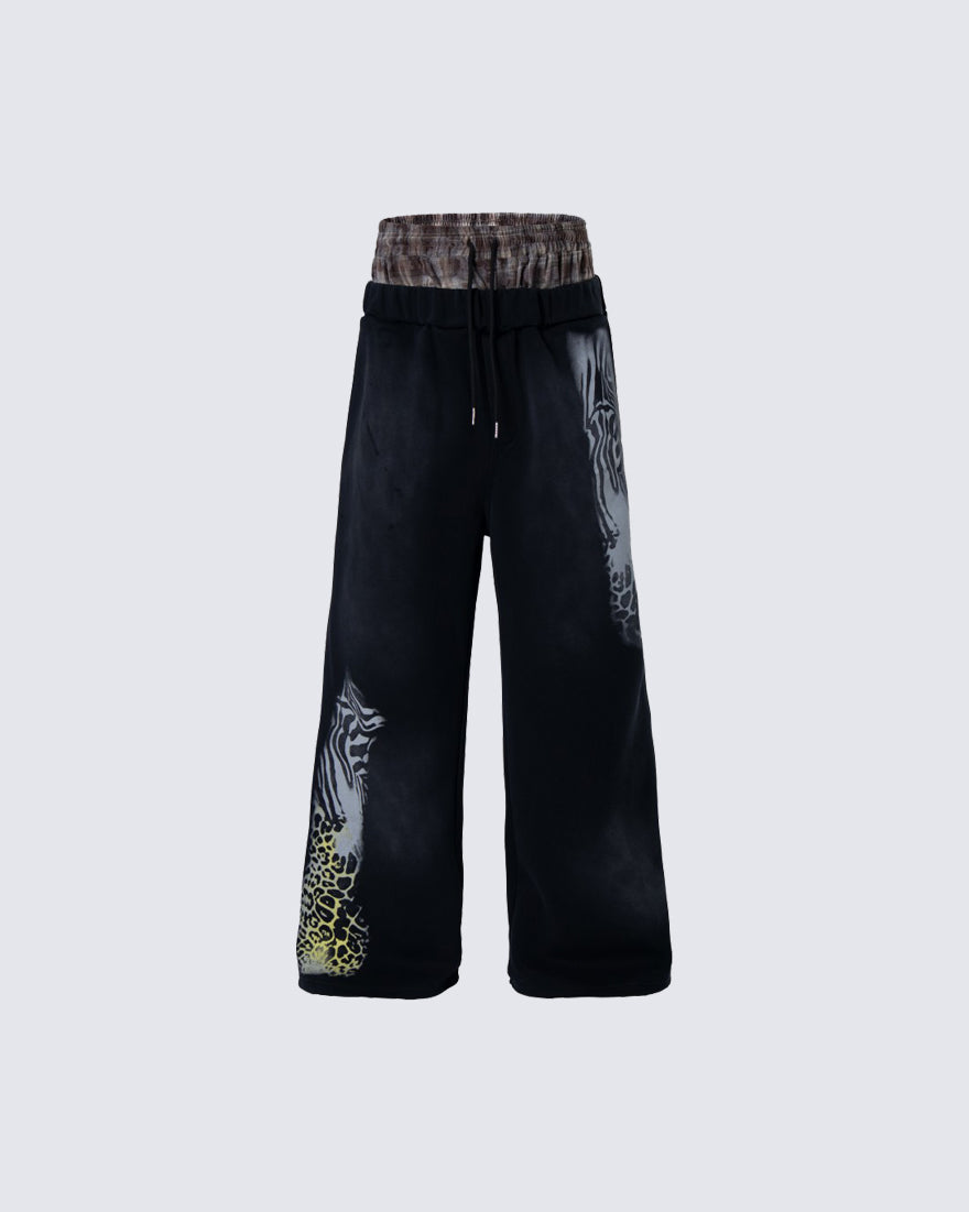 Animal Print Double Waistband Wide-Leg Sweatpants