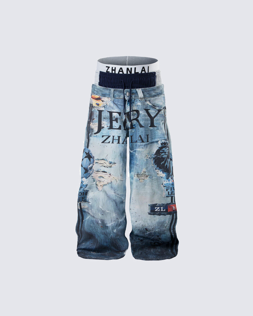New Triple Waistband 3D Print Street Wide Pants