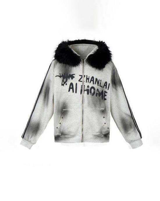 Gradient Faux Fur Hood Zip Hoodie