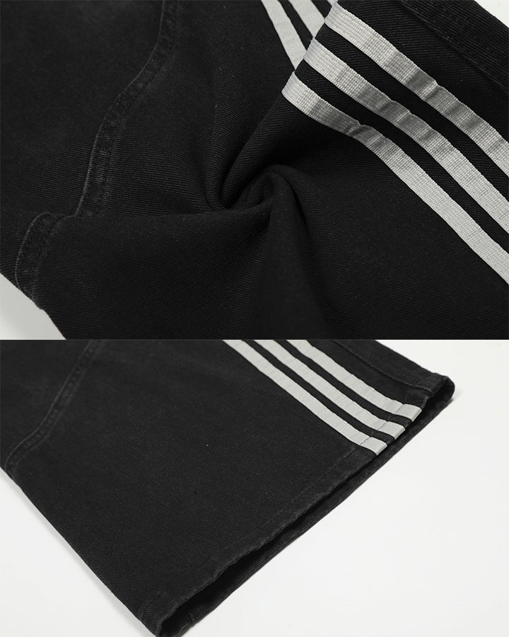Striped Panel Wide-Leg Denim Pants