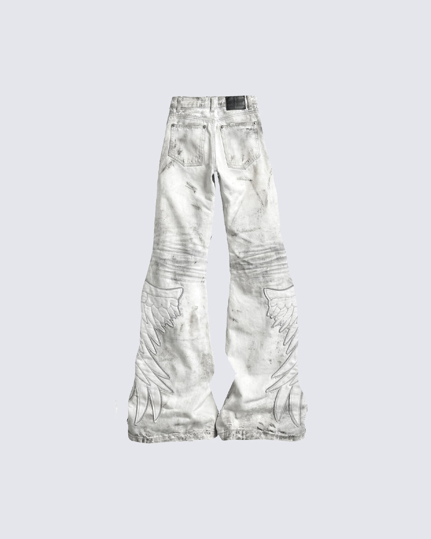 Angel Wing Print Distressed Wide-Legged Jeans