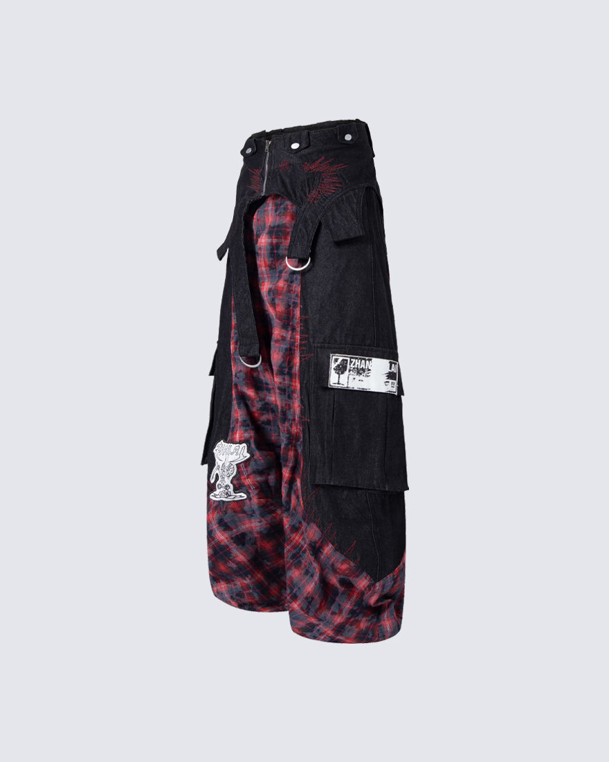 New Layered Plaid Cargo Wide-Leg Pants