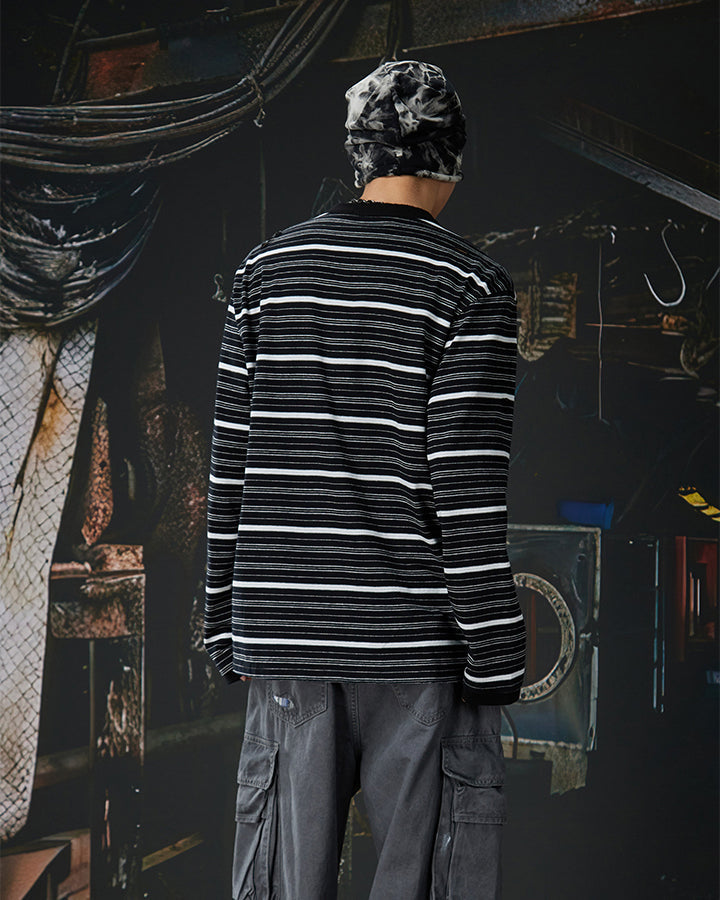 Vintage Contrast Stripe Button Long Sleeve T-Shirt