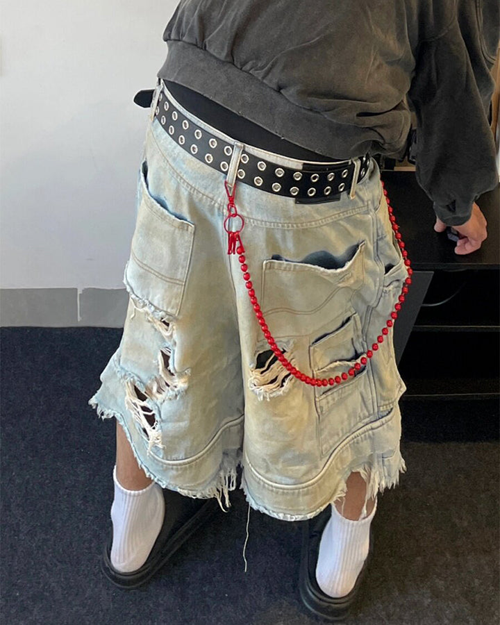 Layered Distressed Raw Hem Denim Shorts