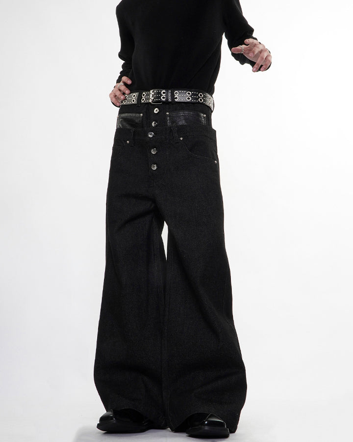 Rivet Patchwork Leather Panel Denim Pants