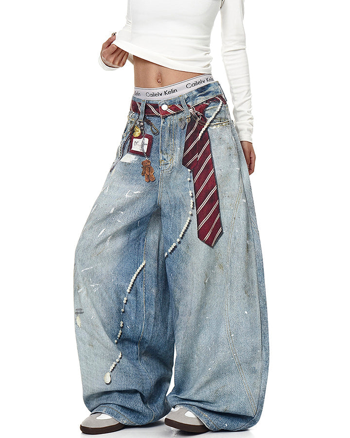 Printed Deconstructed Vintage Wide Denim Jean