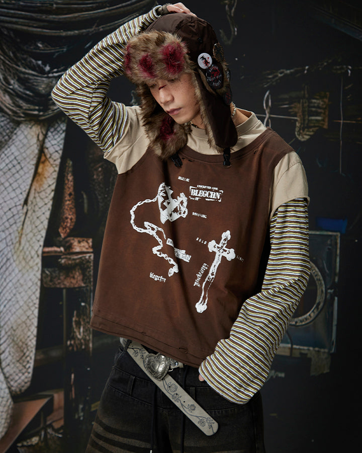Striped Long Sleeve Fake Two-Piece T-Shirt