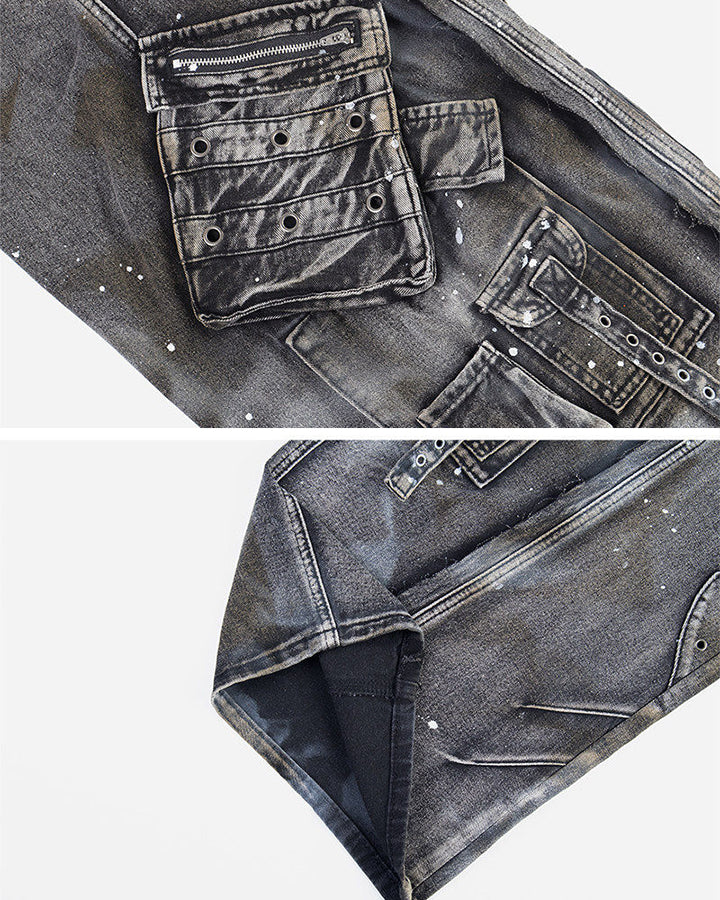 Heavy Washed Ink-Splatter Deconstructed Denim Jeans