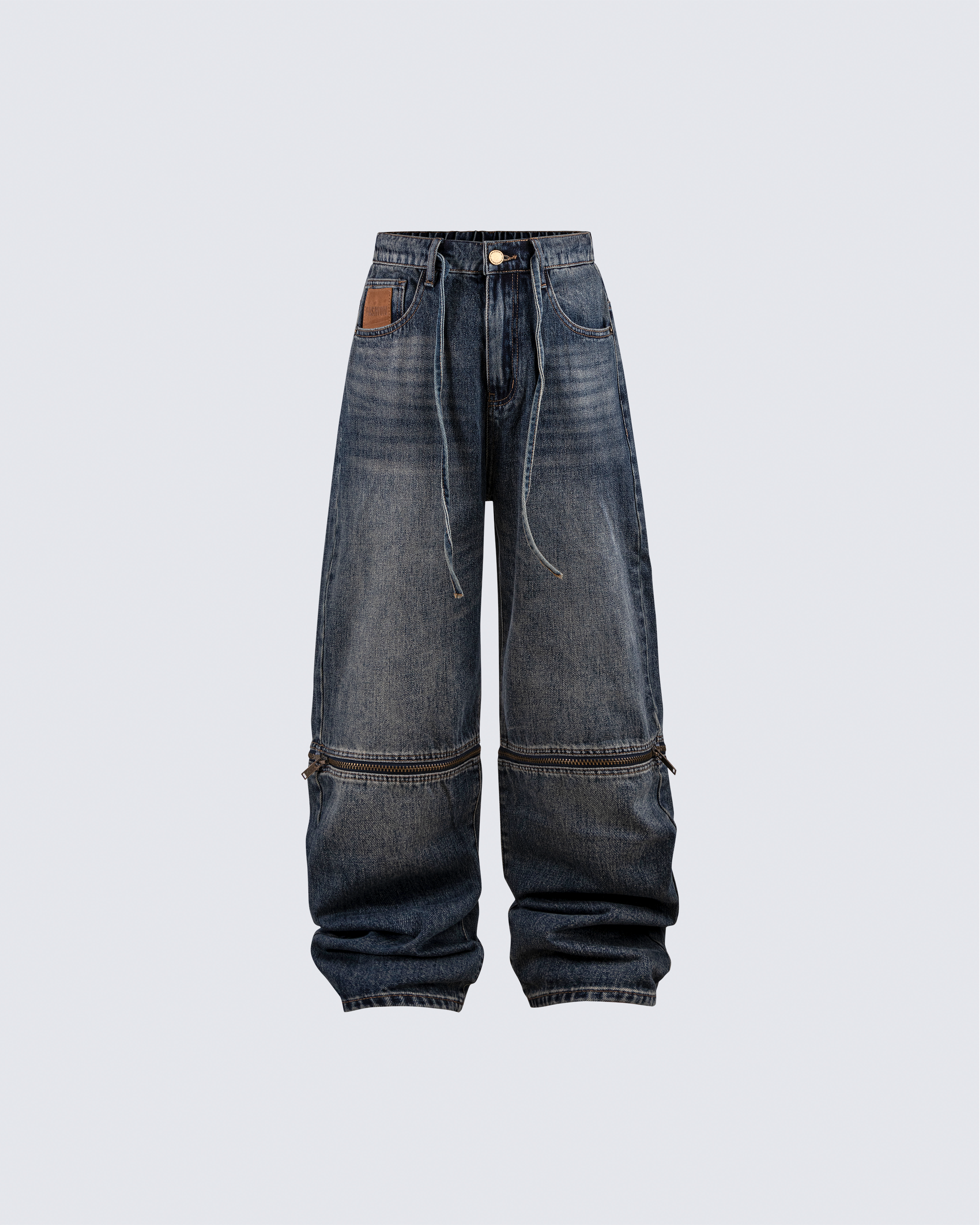 Zip-Off Panel Wide-Leg Denim Pants